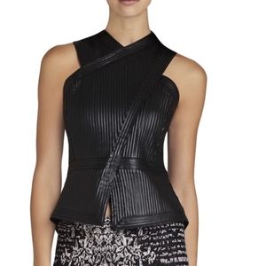 BCBG Black Faux-Leather Pleated Cross-Neck Peplum Top